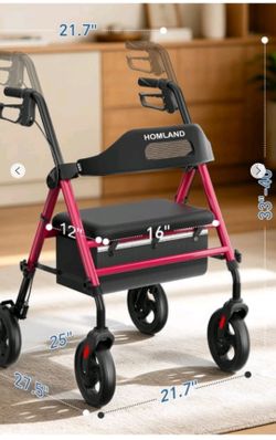 HOMLAND Foldable Rollator Walker for Seniors with Seat, 16" Extra-Wide Seat