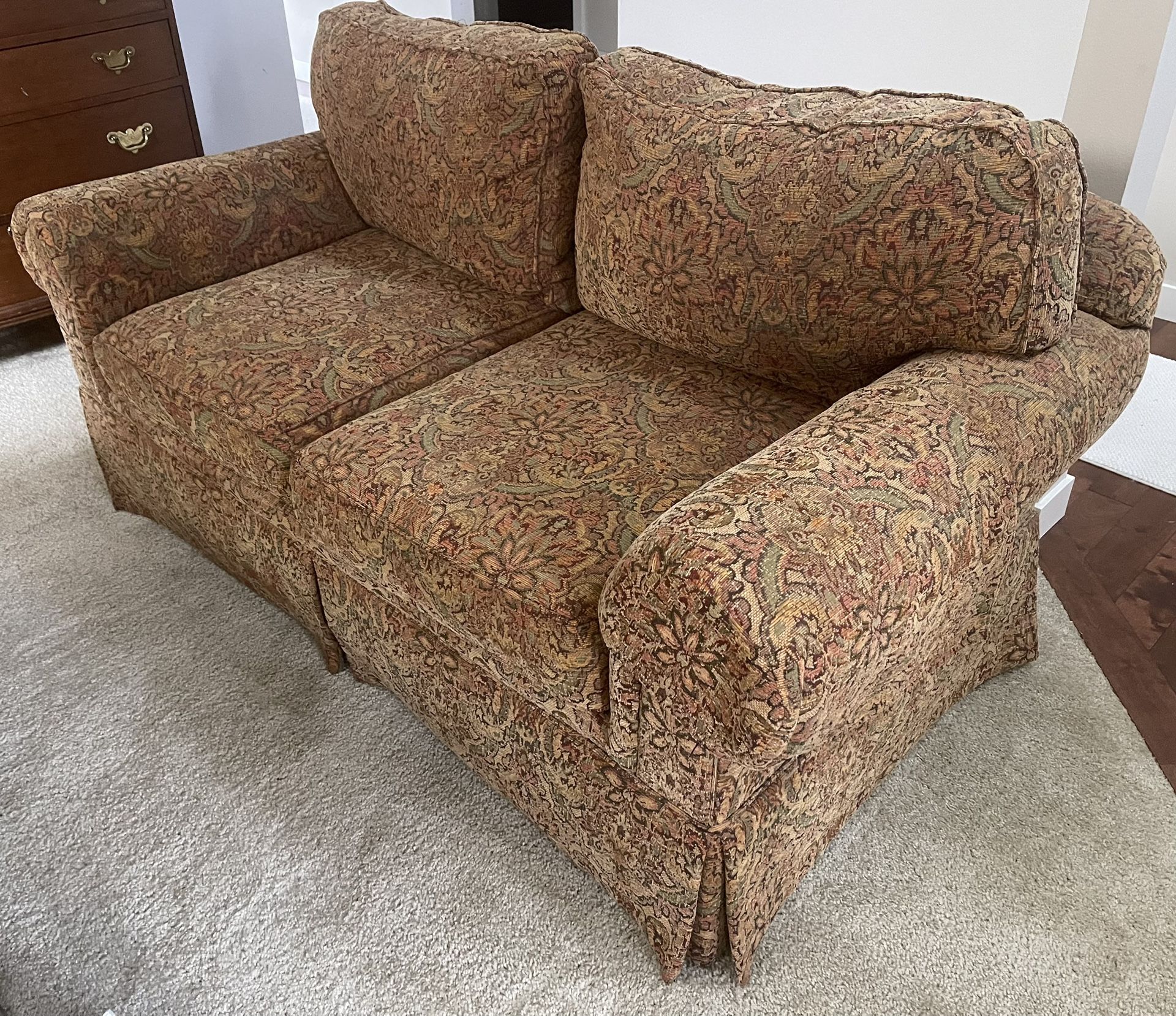 Sofa and 2 Arm Chairs Set- Rust Color Patterned Cloth