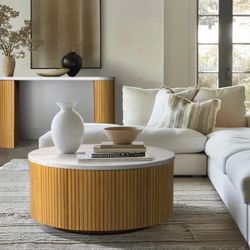 Layana 35.5 in. Natural/Faux White Marble Round MDF Coffee Table