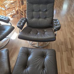 Ekornes Stressless Mid Century Chrome and Leather Lounge Chair and Ottoman