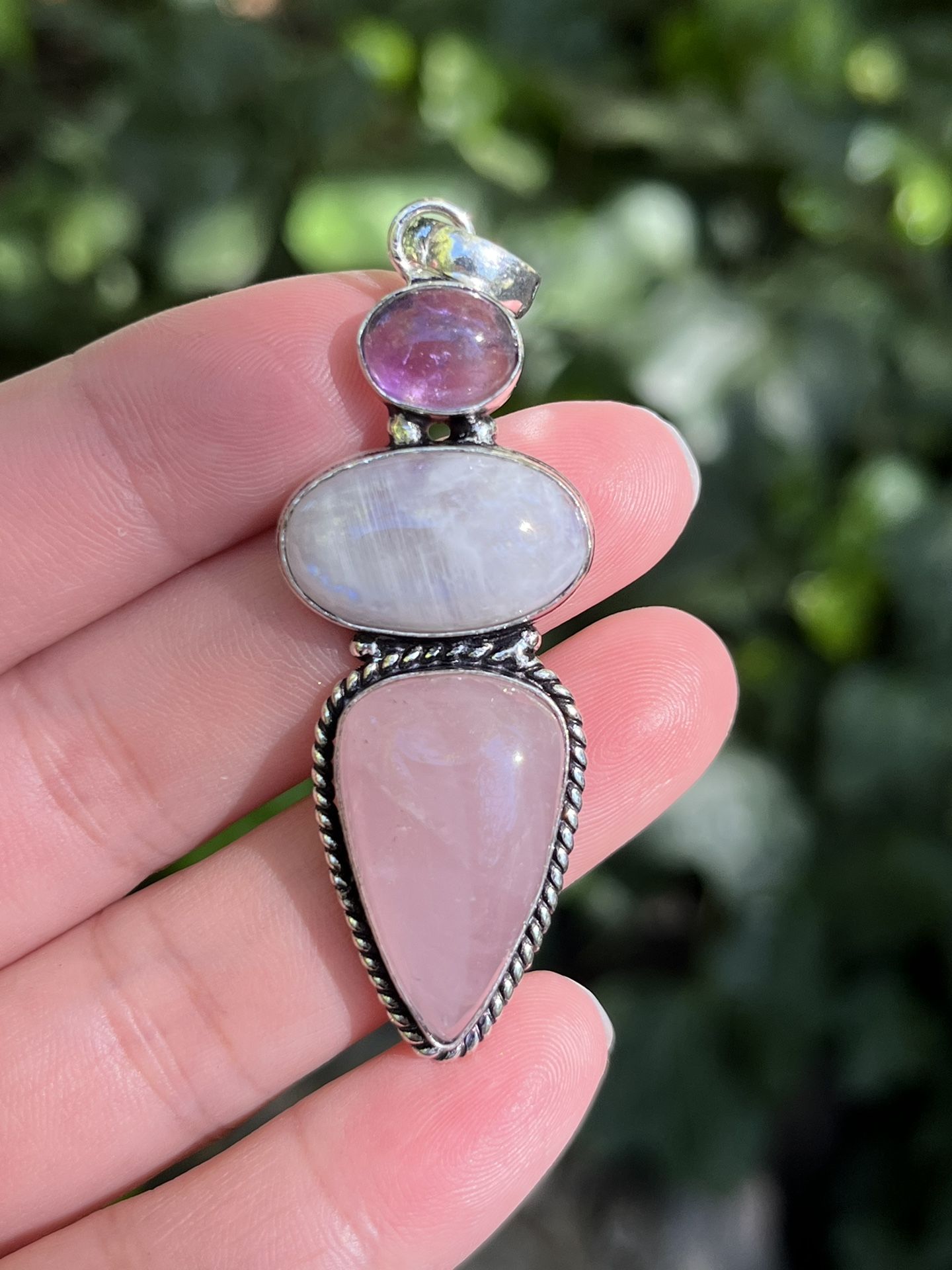 925 Silver Plated Rose Quart Moonstone Amethyst Pendant