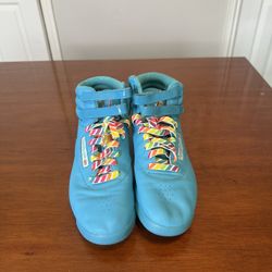 Blue Reebok high top sneakers with rainbow laces 
