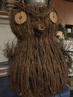 woven rattan decorative owl indoor/outdoor miniature white string lights attached