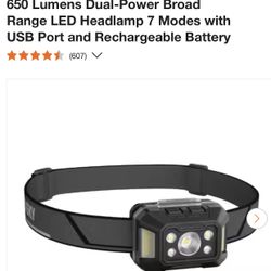 Husky 650 Lumens Dual-Power Broad Range LED Headlamp 7 Modes with USB Port and Rechargeable Battery