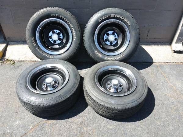 Set of four Chevy C10 Rally rims, center caps, and beauty rings. 15x8