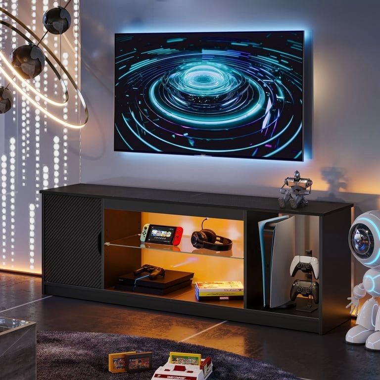 Bestier LED Entertainment Center for PS5, Gaming TV Stand with Cabinet 55/65 Inch TV, Modern TV Console with Adjustable Glass Shelf Living Room Bedroo