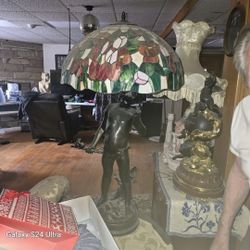 Auguste Moreau With Stained Glass Lamp Shade OBO