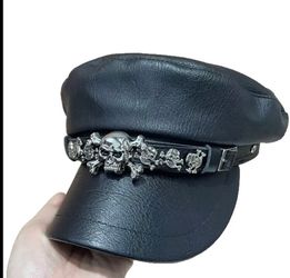 Black Faux Leather Biker Cap with Skull Hardware