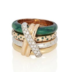  La Nouvelle Bague 18k Gold .32ct Natural Diamond 18mm Green Enamel Quad Stack Ring size 9 
