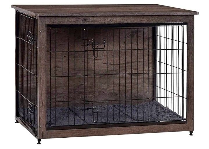 Pet Crate Furniture with Cushion, Wooden Kennel Table with Double Doors, Indoor Dog House, 38.5”