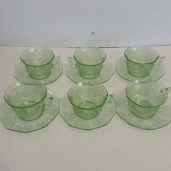Set Of 6 Cup And Saucers Green Etched Depression Vaseline Uranium Glass
