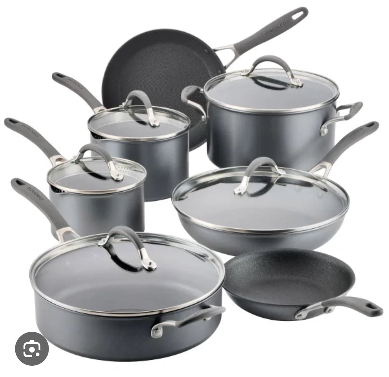 12 piece Circulon A1 series scratch defense pot and pan set. Sealed in box. $250. Price is firm. :) Higley and ray 
