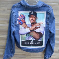 upcycled Seattle Mariners Julio Rodriguez JROD denim jean jacket size youth M 