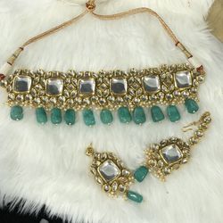 Kundan Meenakari Choker Necklace Earrings Tikka Indian Jewelry Jewellery 