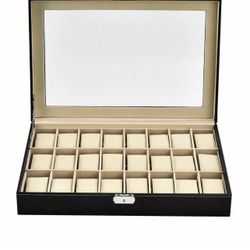 🔥🔥✅24 Slot Grids Leather Watch Box Display Case Organizer Glass Top Jewelry Storage🔥🔥✅