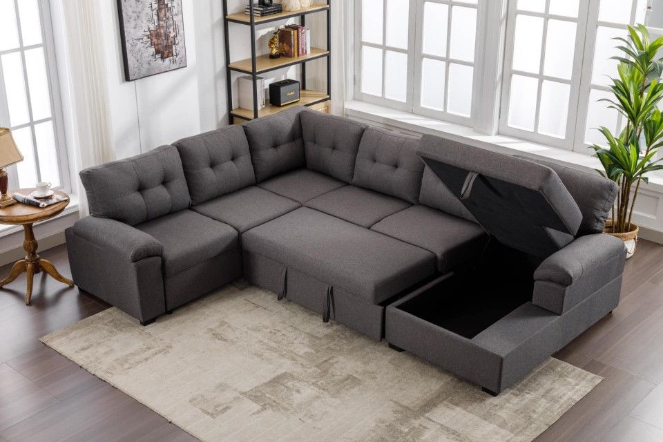 Modern L Sectional 7 Seater Sofa Couch With Pull Out Bed And Storage Included New In Sealed Box 