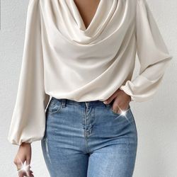 Elegant Beige Blouse Cowl neck Blouse