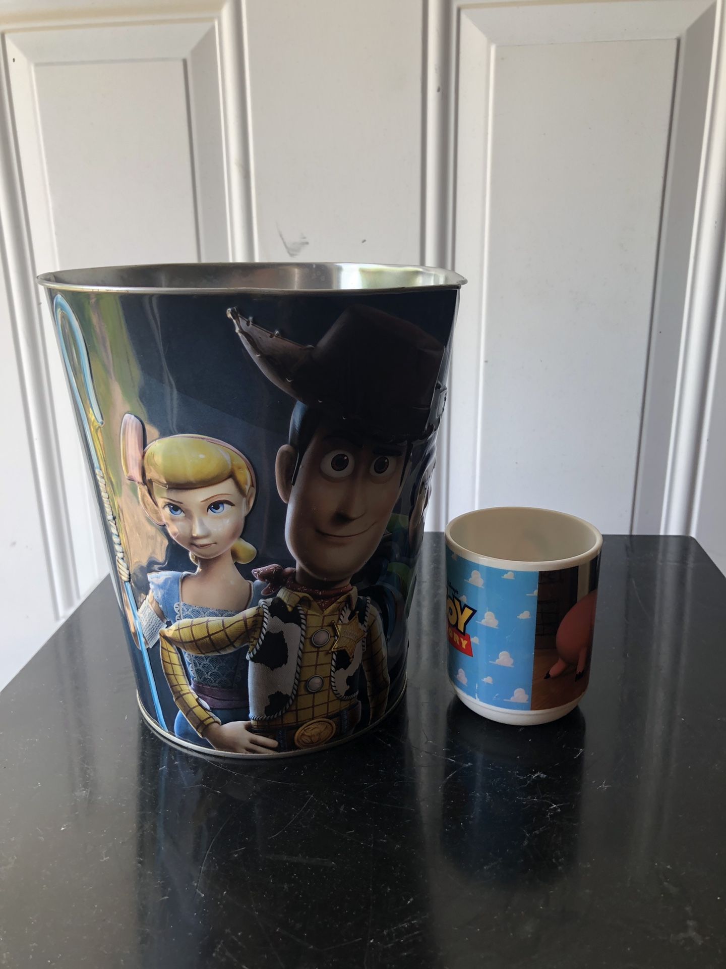 Toy story movie Collectors Metal popcorn tin bucket and plastic cup
