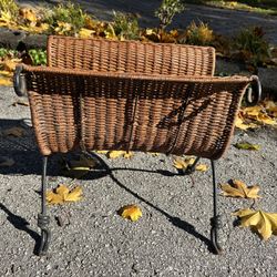 Mid-century Modern Wicker & Wrought Iron Record Rack (Foldable)