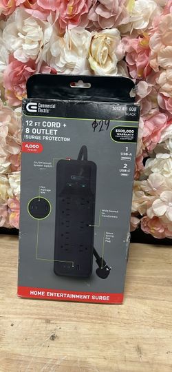 Commercial Electric 12 ft. 8-Outlet Surge Protector Braided Cord with 1 USB-A and 2 USB-C, Black