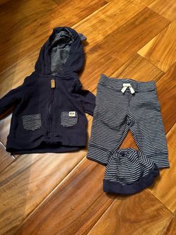Baby boy carter’s 3 piece blue striped jacket set. Size 3 months