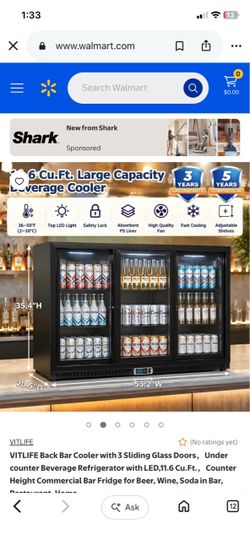 Back Bar Cooler with 3 Glass Doors Counter-Height Beverage Refrigerator