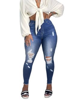 Women’s Plus XL Size High-Waisted Distressed Skinny Jeans – Stretch Ripped Denim Jeans