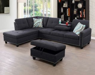 Charcoal linen sectional couch and ottoman