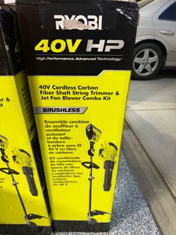 RYOBI 40V HP Brushless 600 CFM 155 MPH Cordless Leaf Blower and Carbon Fiber String Trimmer with 4.0 Ah Battery and Charger
