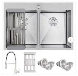 Handmade All-in-One Drop-in Stainless Steel 33 in. x 22 in. Spring Neck Faucet and Drying Rack Double Bowl Kitchen Sink