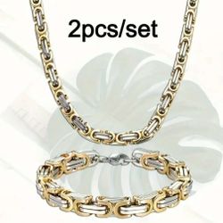 Uniquely Crafted 2-Tone Multi-Layer Titanium Steel 28" Byzantine Chain Necklace & Bracelet Set 