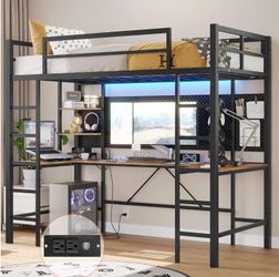 Full Size Loft Bed with Desk and Shelves