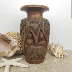 Vintage carved wood vase with elephants
