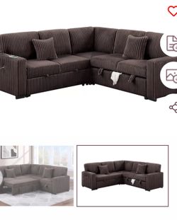 $550.  Sectional Pull Out Bed With Storage USB Cup Holder Available,I Ivory,Dark Gray,Corduroy