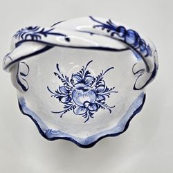 Vintage Portuguese Pottery White Handled Basket Bowl Hand Painted Blue Florals For Macy's 1988