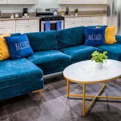 U Shape blue Couch Plus Pillows