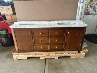 BRAND NEW Home Decorators Collette 60" Double Sink Bath Vanity - Cinnamon Oak / Carrara Marble