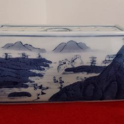 Vintage Chinese Flower Arranger - Brick Vase- Or Inkwell Or Brush Box -Frog Brick Vase -Hand Painted Blue & White Oriental Scene -Stamped