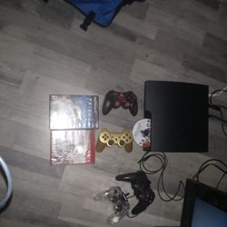 Ps3 Plays Blu Ray Hd Has HDMI Cables And The Wide One With Red White And Yellow 2 Games Two Wireless Controllers That Work 2 Addt For Parts Controller