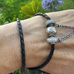 Pandora Signature Logo Double Wrap Leather Charms Bracelet + Safety Chain