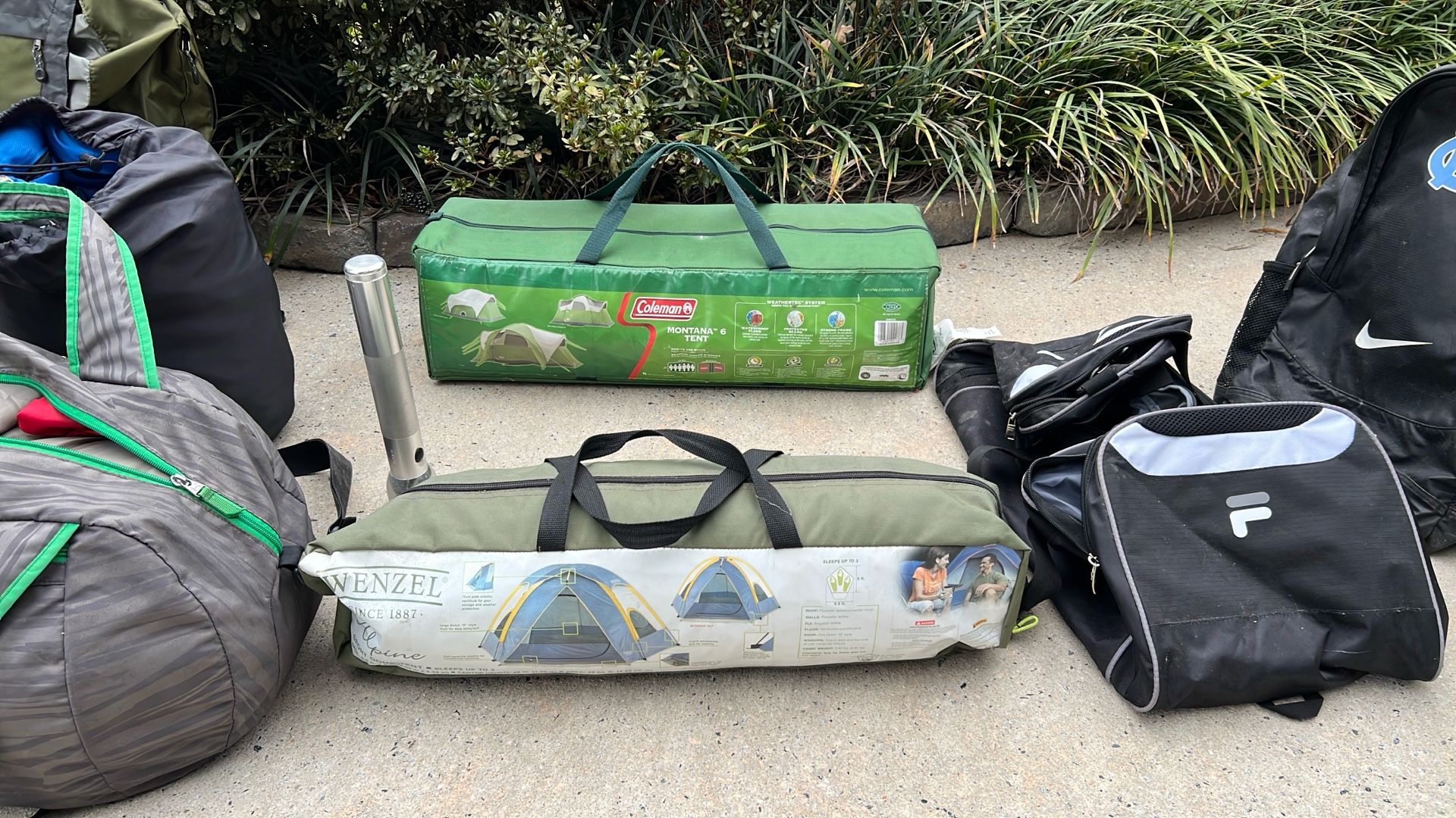 Camping gear-2 Tents, 2 Sleeping Bags, Duffle Bags, Frame Backpack 