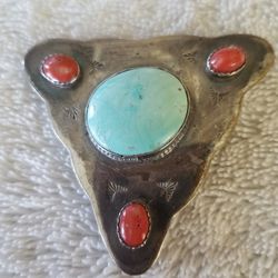 Silver Turquoise And Coral Belt Buckle 