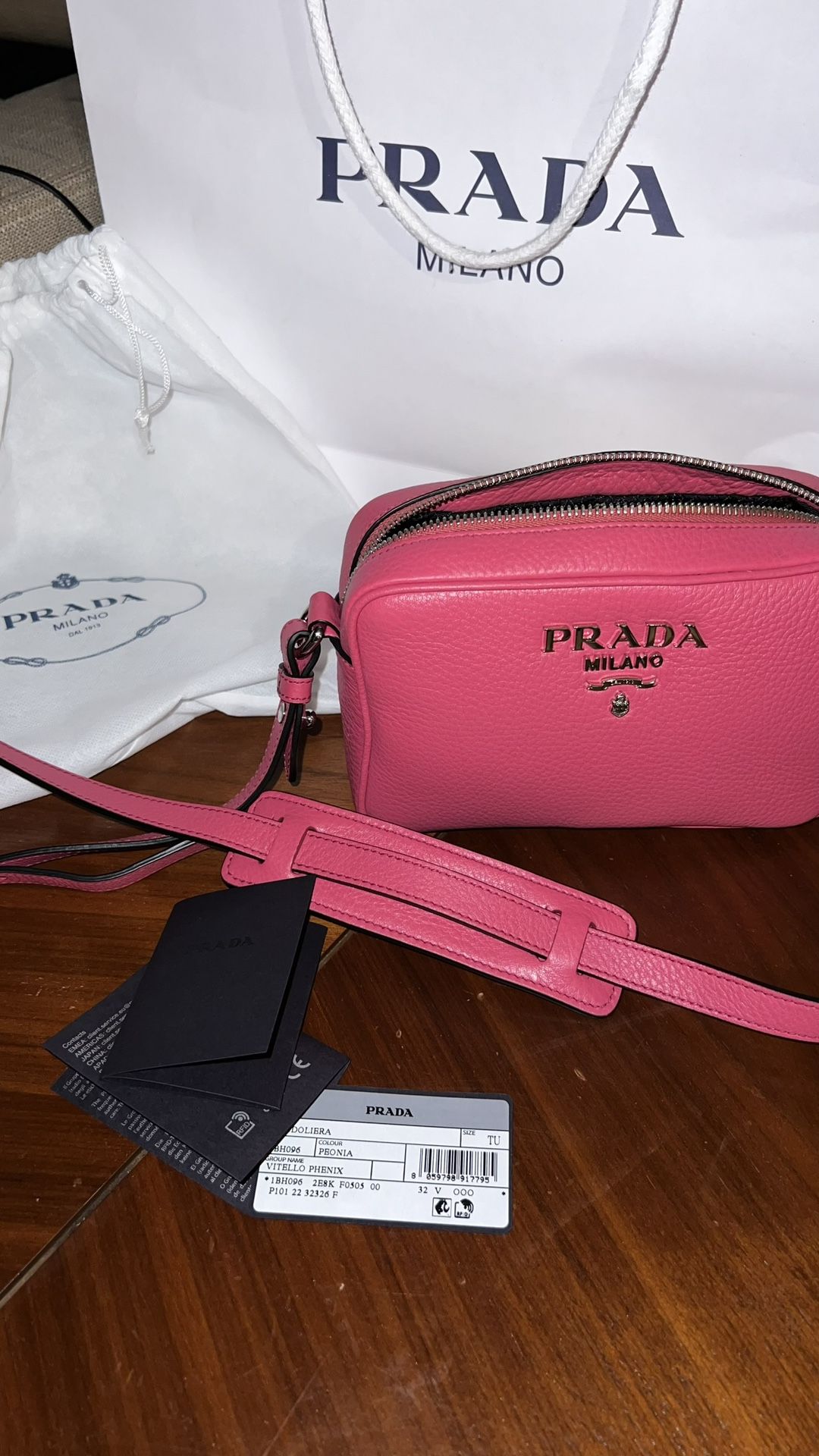 Prada Bandoliera Vitelli Pheonix line in color Peony