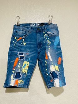 Black Pike Men’s Blue Denim Shorts Medium Wash Paint Splatter Distressed Button