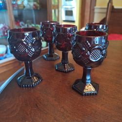 SET of  5 Vintage Avon Cape Cod Ruby Red Wine Goblets 