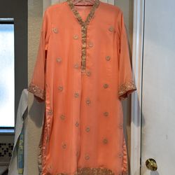 $35 Chiffon kurti peach with gold work