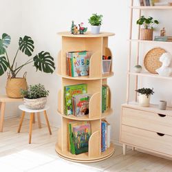 OOOK Kids Rotating Bookshelf, Small Corner Bookshelf for Small Space, 360° Display 3 Tier Floor Standing Bookcase Storage Rack, Wooden Narrow Bookcase