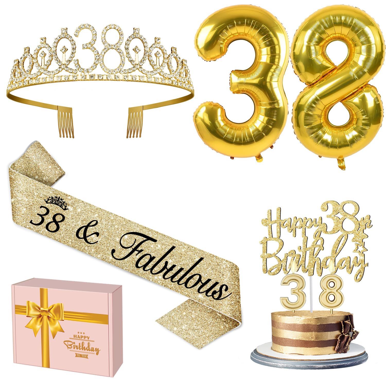 38th Birthday Decorations For Women Gold With 38th Birthday Sash And Tiara, Cake Topper And Candles, Number Balloons, 38 Year Old Gifts For Women Phot
