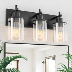 Modern Farmhouse Black 3-Light Vanity Light with Clear Glass Shade, Bathroom Light Fixture