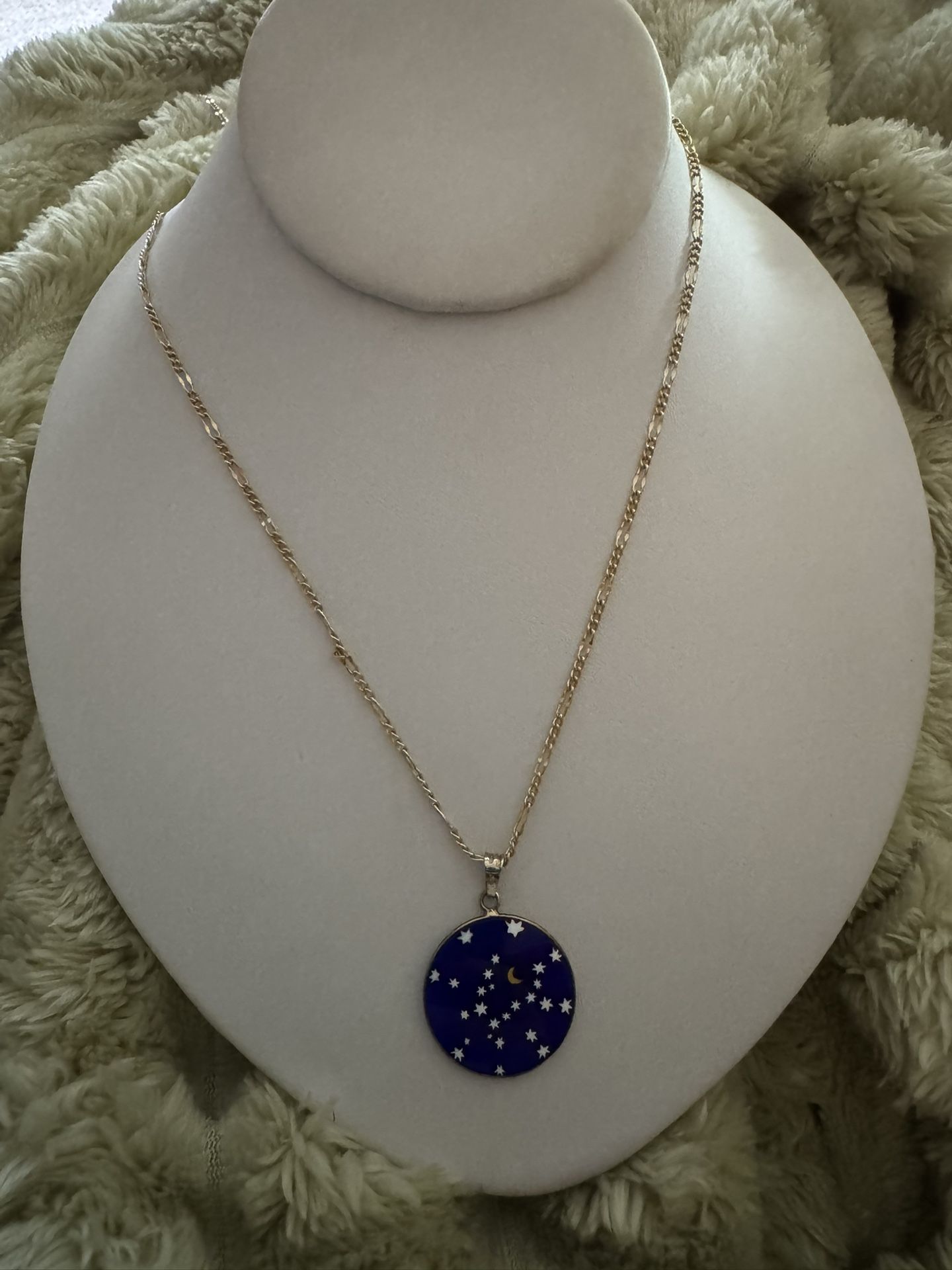 Vintage Italian Blue Murano Glass Stars and Moon Pendant Necklace in 18kt Gold Over Sterling